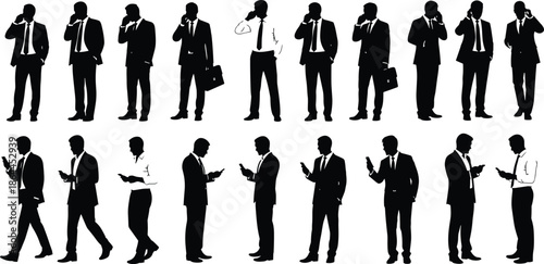 Silhouettes of businessmen using mobile phones in various poses, showcasing corporate communication, modern technology, workplace activity, and professional lifestyle