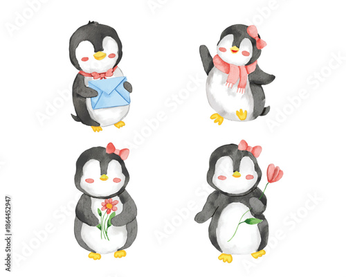 Cute Faceless Penguin Watercolor Set