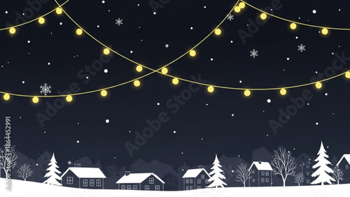 Charming winter village scene at night with glowing string lights and falling snow creating a festive holiday atmosphere
