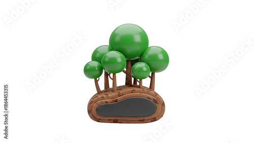 Stylized clump of green trees with brown trunks on a textured island