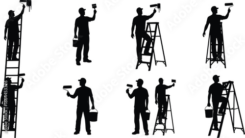 Silhouettes of painters using rollers and ladders in various poses, illustrating wall painting, home renovation, and construction work activities