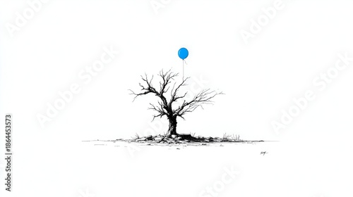 A blue balloon is tied to a bare, leafless tree in the middle of nowhere on a vast, clear white background creating a bleak landscape.