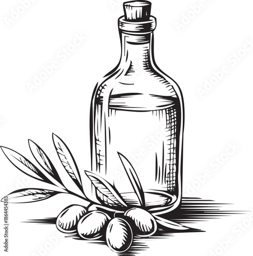 Olive oil bottle with leaves and olives, healthy eating concept, illustration