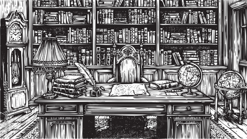 Vintage study room with desk, bookshelves, and antique clock, old-fashioned workspace with lamp and globe