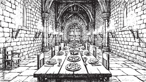 Medieval banquet hall interior, long dining table set, stone walls and arched ceiling, Gothic architecture
