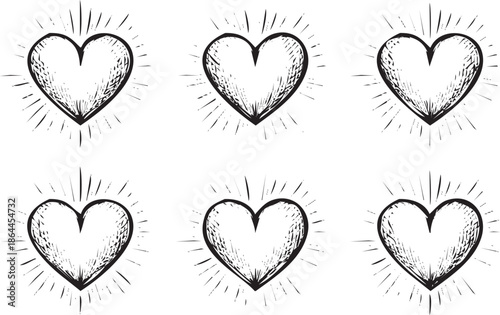 Set of six hand-drawn hearts with sunburst effect isolated on white background