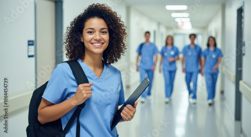 A smiling young nurse wearing a backpack and scrubs stands in a bright hospital corridor, with a medical team in blue scrubs walking in the background.