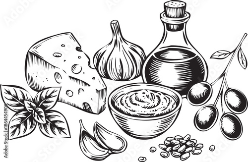Black and white illustration of cheese, olives, garlic, and olive oil with basil on white background