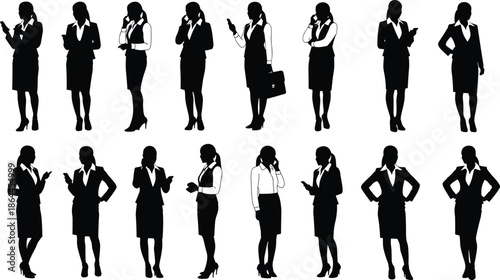 Silhouettes of professional businesswomen in corporate attire holding phones, briefcases, standing, gesturing, illustrating workplace communication and modern business lifestyle