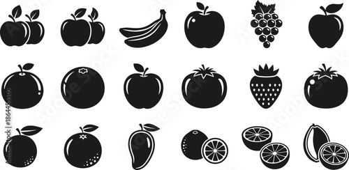 Black fruit silhouette icon set, apple banana orange grape strawberry vector collection, minimal flat food symbols, healthy organic produce illustration