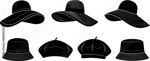 Black hat silhouette collection with wide brim summer hats, bucket hats and berets, fashion accessories icons, minimal headwear designs, flat vector illustration
