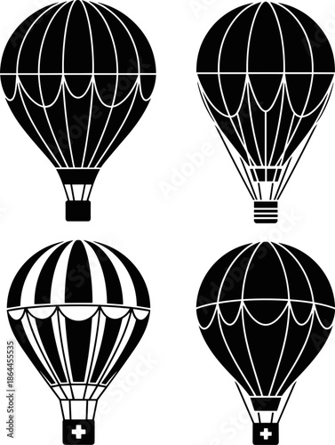 Black hot air balloon silhouette set, vintage aerostat designs, travel adventure symbols, flight transportation icons, decorative aviation elements, flat vector illustration