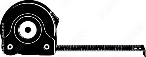 Black measuring tape icon, construction measurement tool silhouette, retractable ruler symbol, carpenter equipment vector illustration for engineering, DIY, UI designBlack measuring tape icon,