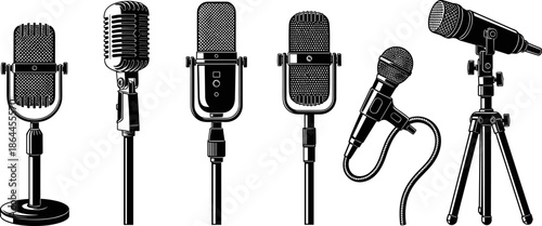 Black microphone silhouette set featuring vintage and modern studio mics, audio recording equipment icons, broadcast music production tools, podcast sound technology, flat vector illustration
