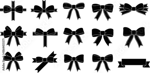 Black ribbon bow silhouettes set, decorative gift wrapping bows, elegant vector illustration collection for holidays, packaging design, labels, festive decorations