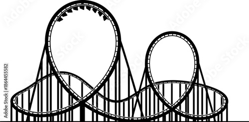 Black roller coaster silhouette with looping tracks, amusement park thrill ride structure, extreme entertainment attraction icon, excitement and fun concept, flat vector illustration