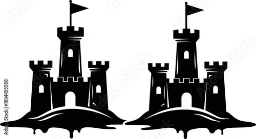 Black sandcastle silhouette set with beach towers and flags, summer vacation seaside symbols, children play concept, coastal holiday icons, flat vector illustration