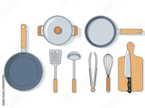 Kitchen Utensils Set Pans, Spatula, Tongs, Whisk, and Cutting Board for Cooking and Culinary Arts