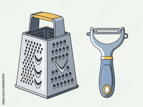 Vector illustration of a grater and a peeler, kitchen tools for food preparation