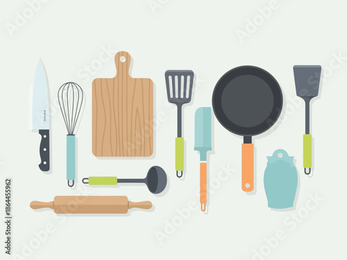 Vector illustration of various kitchen utensils and tools, perfect for culinary and cooking projects