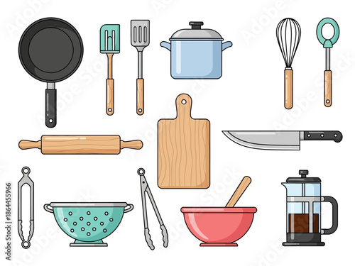 Assorted Kitchen Utensils A Colorful Vector Illustration Set for Cooking and Baking