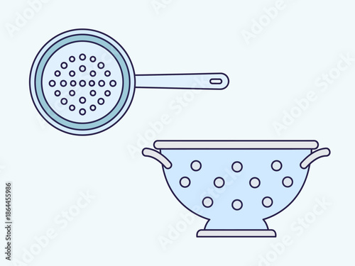 Vector illustration of colanders, strainers, kitchen utensils in a light blue minimalist design
