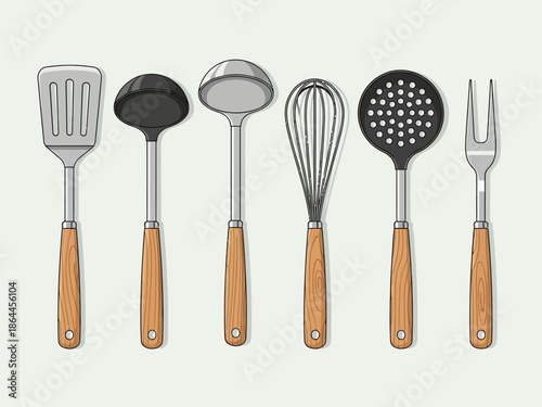 Assorted kitchen utensils illustration with various tools for cooking and food preparation on light background