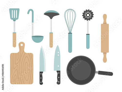 Essential kitchen utensils and tools illustration spatula, ladle, whisk, rolling pin, cutting board, knives, pan