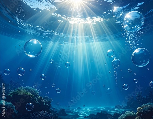 Minimal Abstract Ocean Background with Light Rays and Air Bubbles