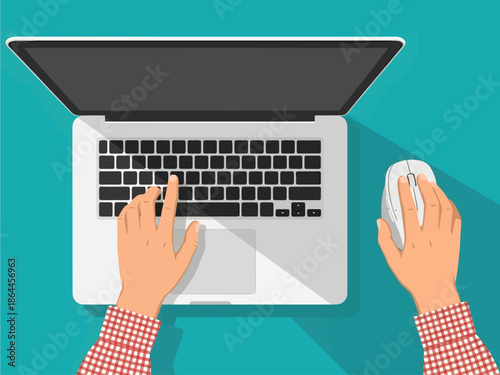 Top view vector illustration of hands in a red plaid shirt typing on a laptop and using a mouse on a teal background, representing freelance or remote office work