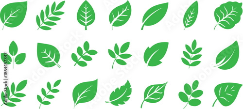 Set of Green Leaf Icons, Nature and Sustainability Icon Pack, Assorted Green Foliage Graphics, Eco-Friendly Vector Design Elements, 21 Minimalist Nature Icons, Collection of Botanical Leaf .