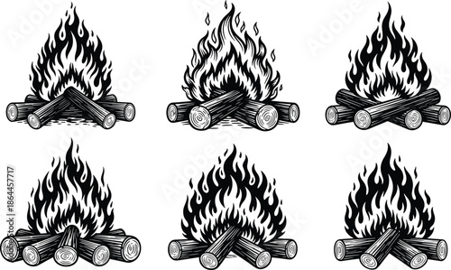 Vintage Campfire Illustration Set Featuring Burning Logs and Flames for Outdoor Camping Adventure Woodcraft Hiking and Rustic Warmth Logo Design