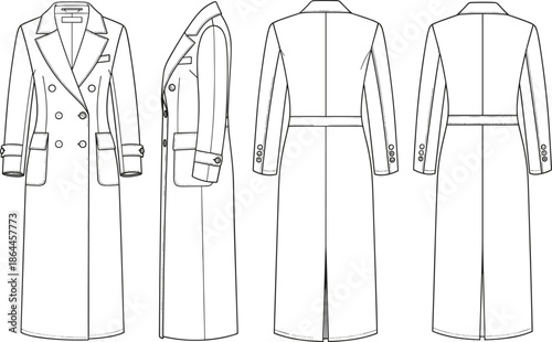 Women double breasted long coat technical sketch, flat vector illustration fashion template, front side and back views, apparel cad mockup illustration