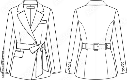 Women's belted blazer fashion technical sketch, long sleeve jacket with notched lapel and waist tie, CAD drawing flat vector illustration.