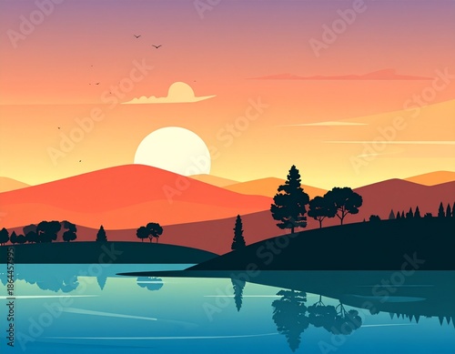 Modern Minimal Sunset Lake Silhouette Flat Illustration