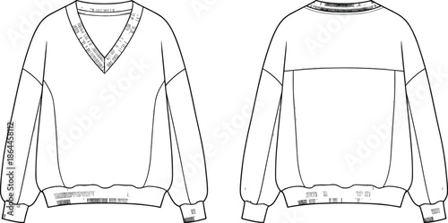 Women's Oversized V-Neck Sweatshirt Technical Sketch, CAD Drawing Flat Vector Illustration, Front and Back View, Fashion Apparel Mockup Design Template