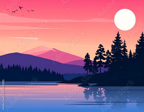 Minimal Flat Lake Landscape Silhouette with Sunset Gradient Background