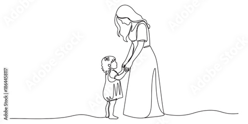 A woman and a child standing together hand in hand in a simple line drawing