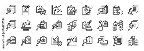 audit icon set collection in outline style. icon set consist of audit report, document review, quality, performance, analytics, compliance checklist, document audit, verification icon
