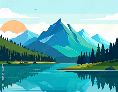 Minimalist Flat Vector Lake Landscape with Mountains and Pine Forest