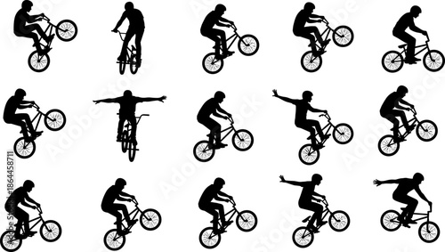 BMX cycling stunt silhouette vector set, freestyle bike tricks jumping riding action poses collection for extreme sports and urban design isolated on white background