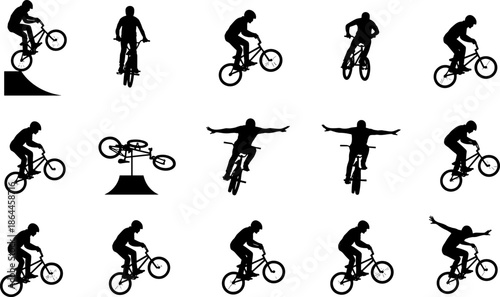 BMX cycling stunt silhouette vector set, freestyle bike tricks jumping riding action poses collection for extreme sports and urban motion design isolated on white background