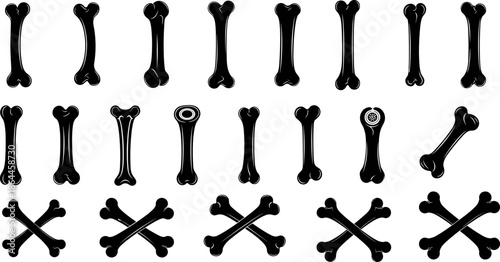 Bone silhouettes collection, black vector illustration set featuring human and animal bone shapes, anatomy symbols, medical, biology, Halloween design elements