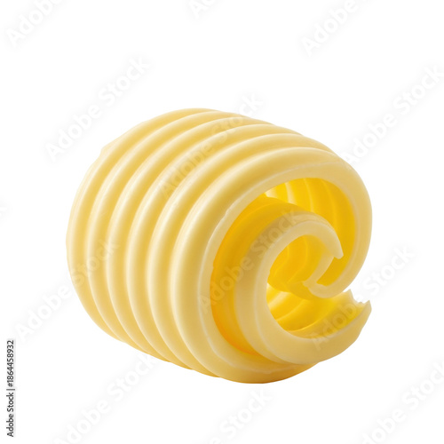 A single, perfectly sculpted curl of golden-yellow butter, pristine and glistening with a velvety texture, isolated against a transparent background with copy space. Concept of culinary excellence