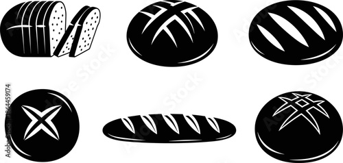 Bread loaf icons collection, black and white bakery vector illustration set, artisan bread shapes, food symbols, minimalist flat design for branding
