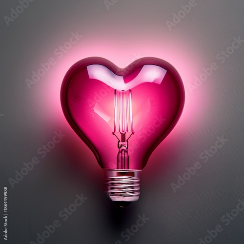 Romantic Pink Heart Light Bulb Illuminated on Minimal Grey Background