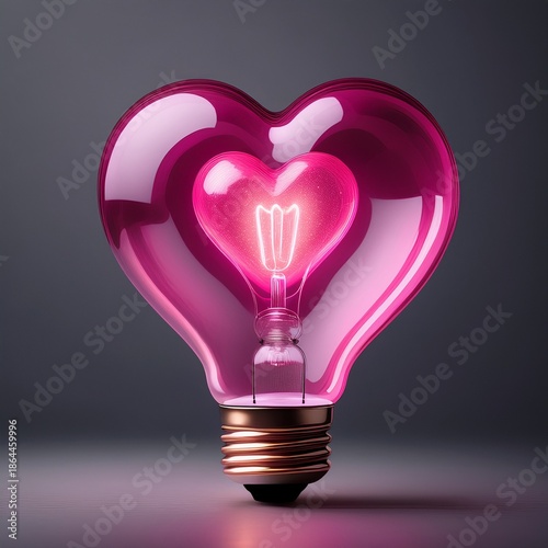 Glowing Heart-Shaped Light Bulb in Dark Pink on Grey Background