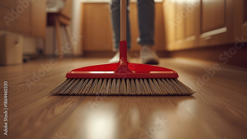 Person sweeping wood floor with broom in kitchen, household cleaning chore