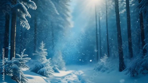 Snow-covered forest path illuminated by sunlight filtering through the trees
