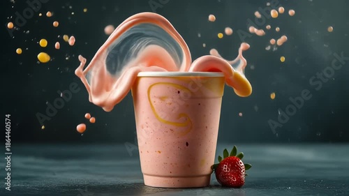 Splashing Strawberry Smoothie in a Cup with Strawberry on the Side